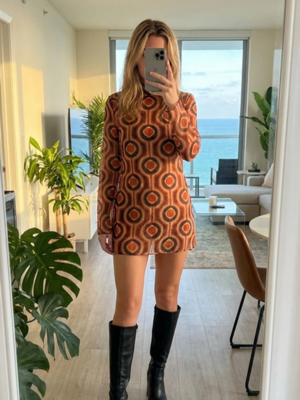 Zara Retro Sheer Printed Mock Neck Mini Dress